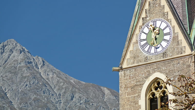 Church, mountain, clock, sky, HD wallpaper