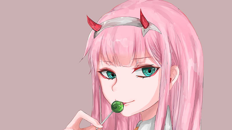 darling in the franxx zero two enjoying lollipop with light brown background anime, HD wallpaper