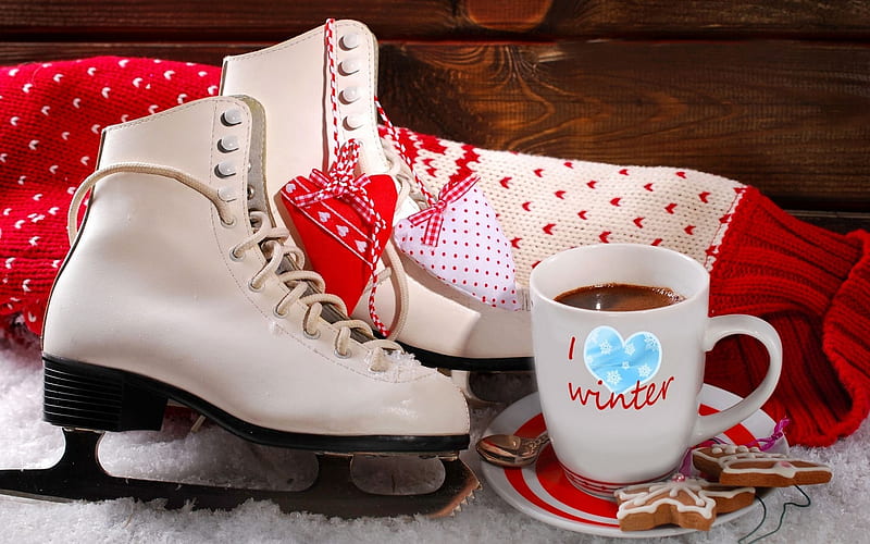 I Love Winter, Ice Skate, Red, Coffee, White, Cookies, Gingerbread, Boots, Winter, HD wallpaper