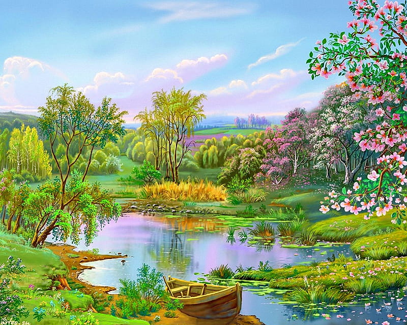 Blooming time, pretty, colorful, shore, grass, bonito, clouds, nice, green, painting, river, forest, lovely, time, pier, greenery, spring, sky, trees, lake, pond, blossoms, nature, blooming, field, HD wallpaper
