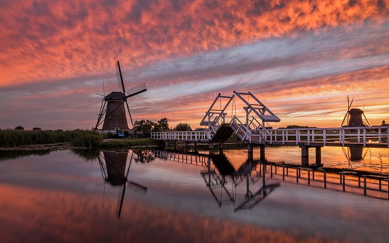 Sunset in Kinderdijk, sunset, Netherlands, windmills, bridge, HD wallpaper