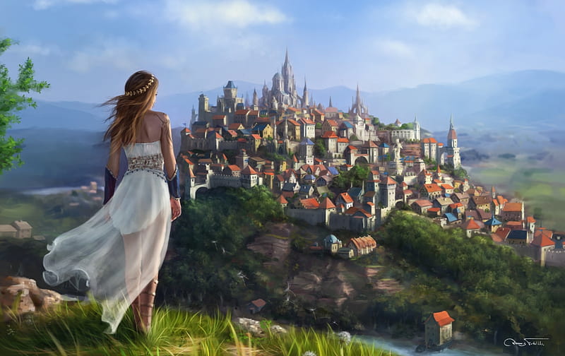 City of Corillium, wind, fantasy, city, luminos, girl, dennis frohlich, castle, white, HD wallpaper