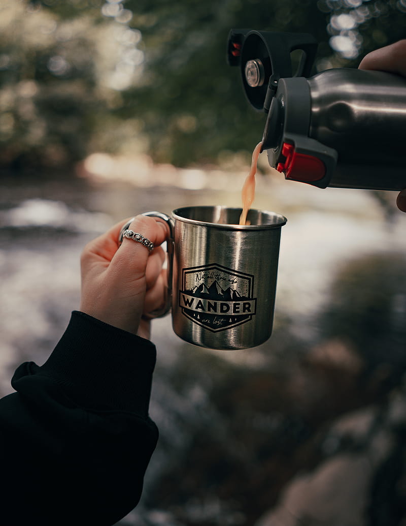 cup, hand, thermos, camping, focus, HD phone wallpaper