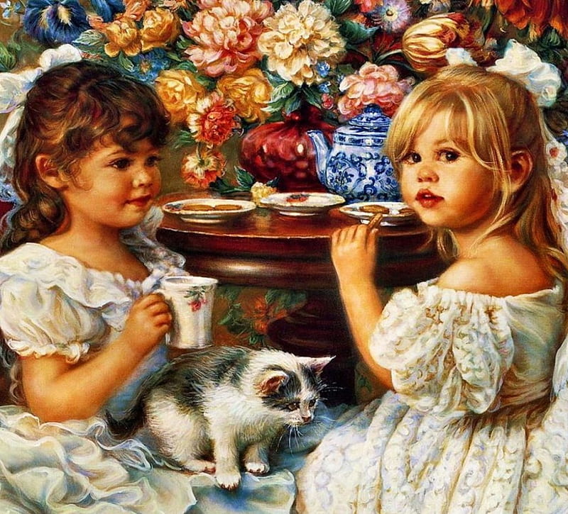 Small Talk, cake, painting, flowers, girls, kitten, tea, artwork, HD wallpaper