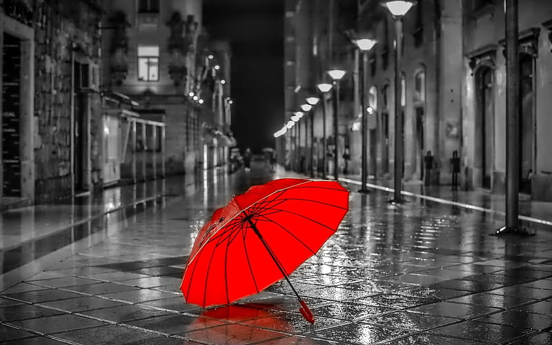 The Red Umbrella, rain, Red, Abstract, Black And White, Street, HD wallpaper