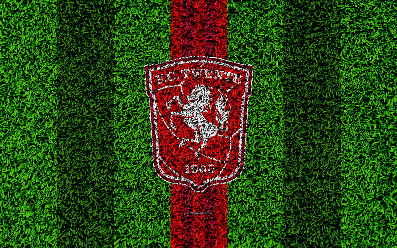 FC Twente emblem, football lawn, Dutch football club, logo, grass texture, Eredivisie, red lines, Enschede, Netherlands, football, HD wallpaper