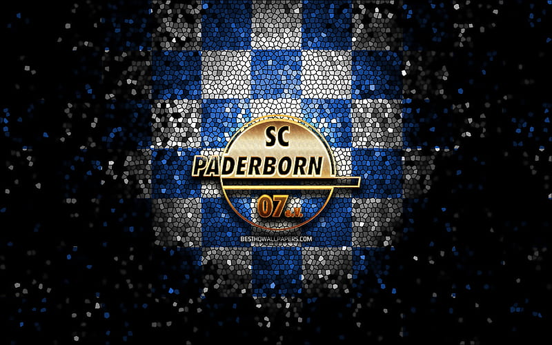 SC Paderborn 07, glitter logo, Bundesliga, blue white checkered background, soccer, SC Paderborn 07 FC, german football club, SC Paderborn 07 logo, mosaic art, football, Germany, HD wallpaper