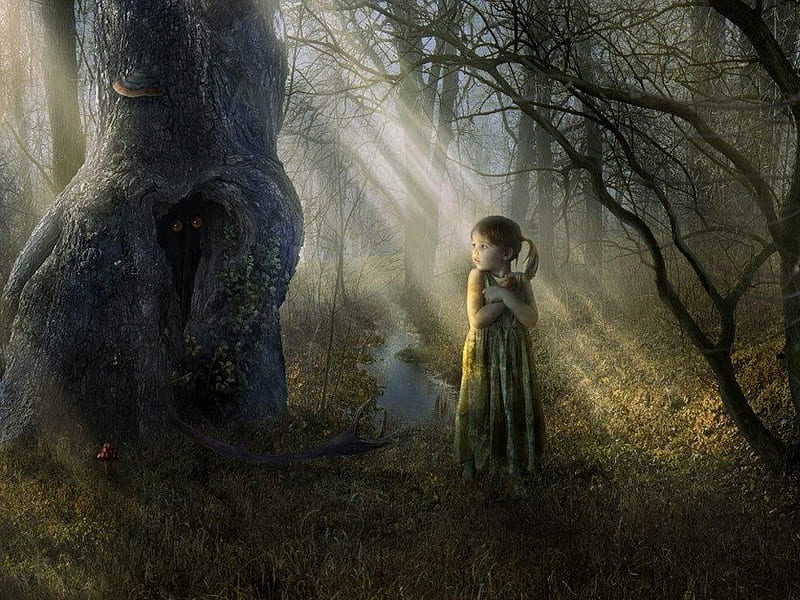 LOST LITTLE GIRL, forest, tees, scared, alone, big, girl, lost, sun rays, eyes, HD wallpaper