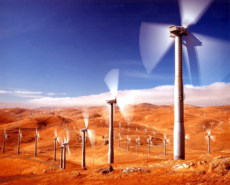 Desert wind farm, desert, turbines, wind, green energy, nature, HD wallpaper