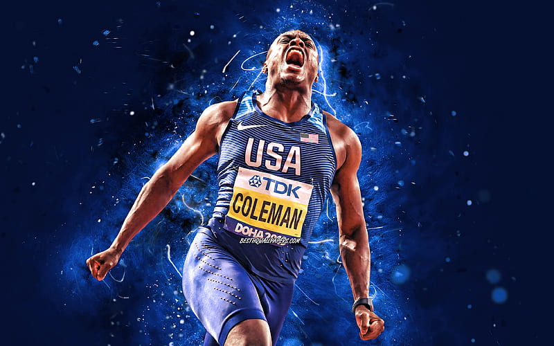 Christian Coleman blue neon lights, american sprinter, athlete, USA National Team, creative, athletics, Christian Coleman, HD wallpaper