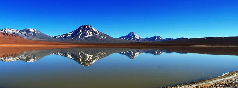 Lejia Lake Reflection, mountains, morning view, Chile, bonito, blue sky, Atacama Desert, Andes, snowy peaks, HD wallpaper