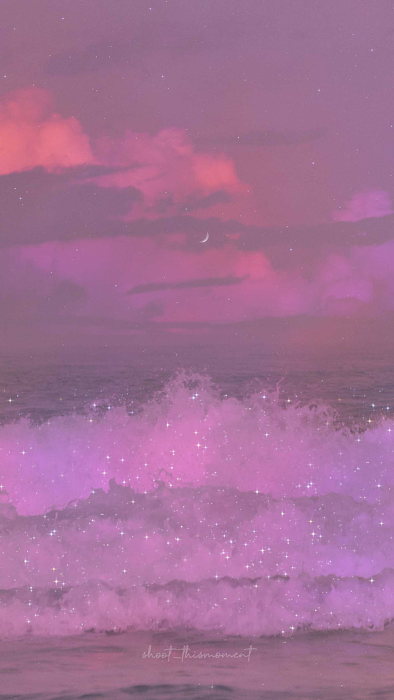 Bubblegum waves, aesthetics, beach, dreamy, glitter, moon, ocean, pink, sea, sunset, HD phone wallpaper