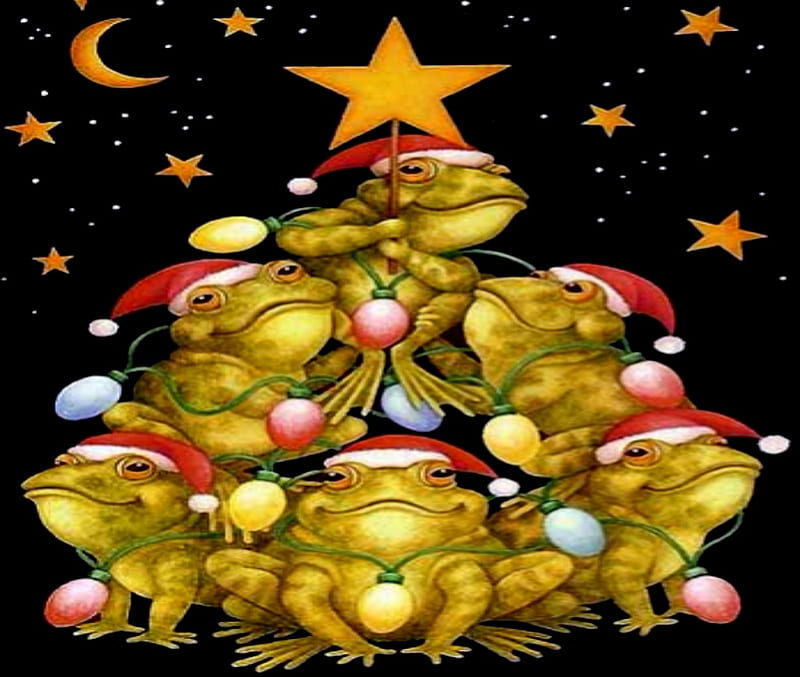 The Frogs Prince Tree, Yellow, Frog, Red, Prince, Green, Star, Tree, Hats, HD wallpaper