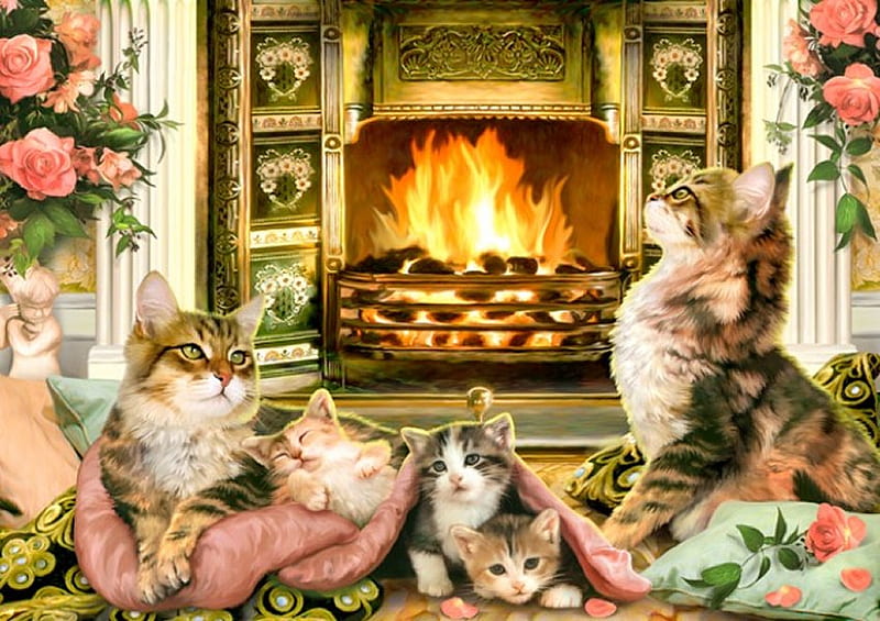 By Howard Robinson, fireplace, art, painting, flower, cat, kitten, howard robinson, animal, HD wallpaper