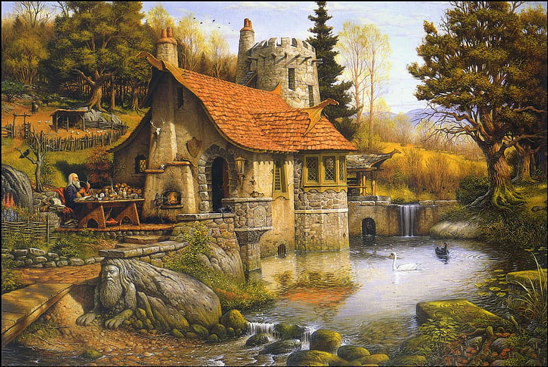 Merlins Cottage, merlin, fantasy, cottage, wizard, HD wallpaper