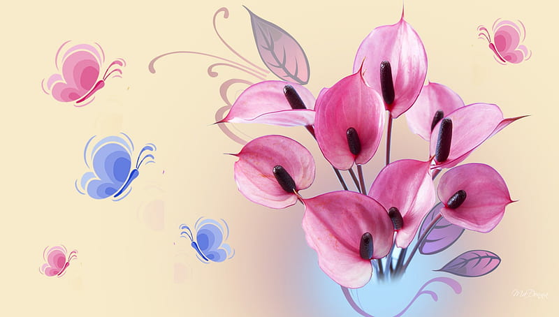 Peace Lilies, lilies, soft, butterflies, spring, summer, calming, flowers, lily, peaceful, pastel, pink, blue, HD wallpaper
