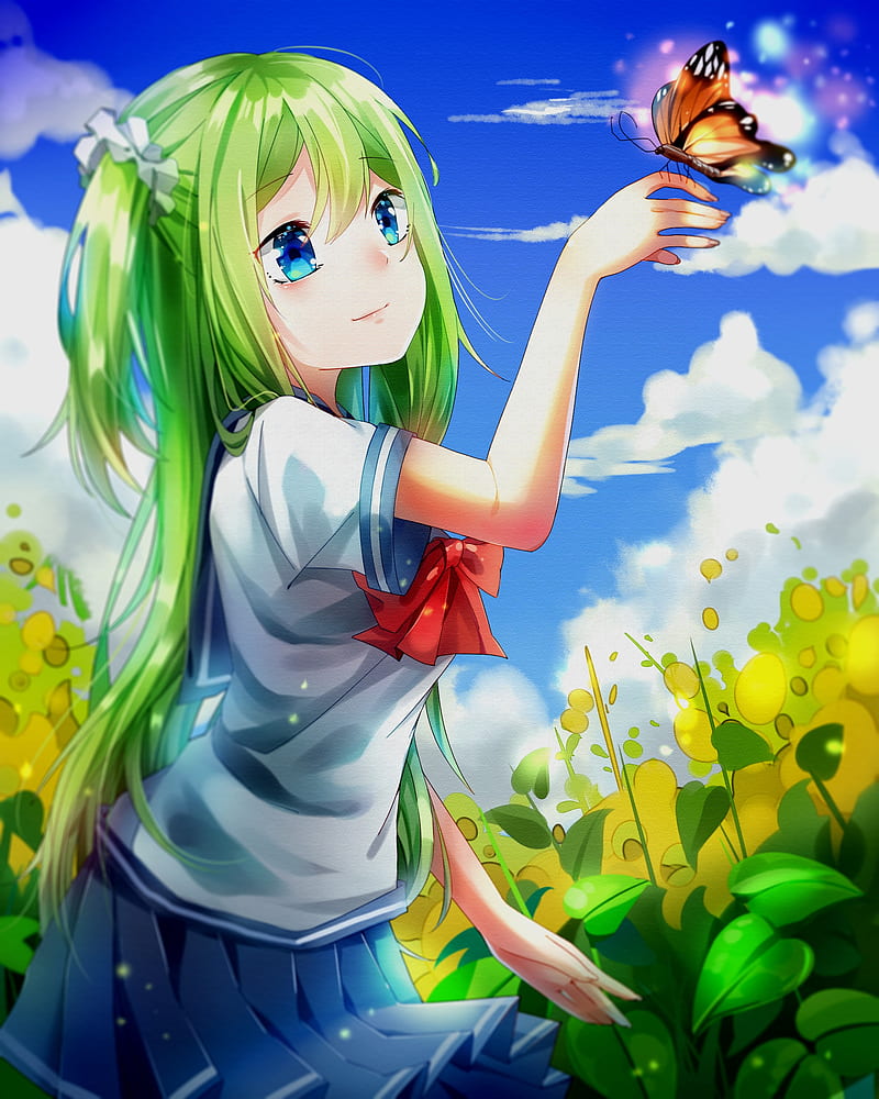 anime, anime girls, long hair, butterfly, green hair, blue eyes, sky, clouds, HD phone wallpaper