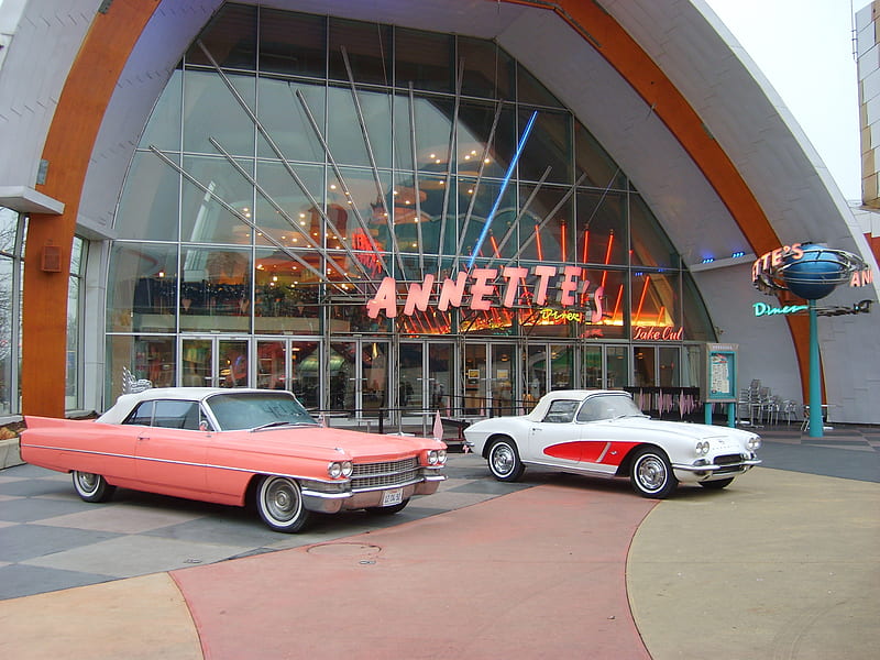 Annettes Diner, retro, cadillac, carros, corvette, chevy, diner, vintage, HD wallpaper