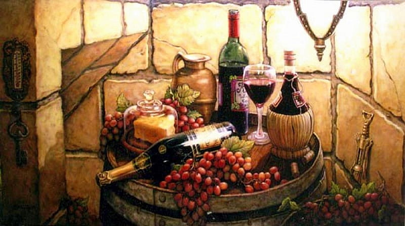 Private Wine Cellar, draw and paint, lovely, fruits, colors, love four seasons, bonito, wine cellar, grapes, private, paintings, wines, cheeses, HD wallpaper