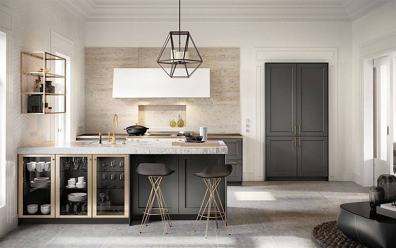 stylish kitchen interior, modern interior design, kitchen, classic style, light marble tiles for the kitchen, HD wallpaper