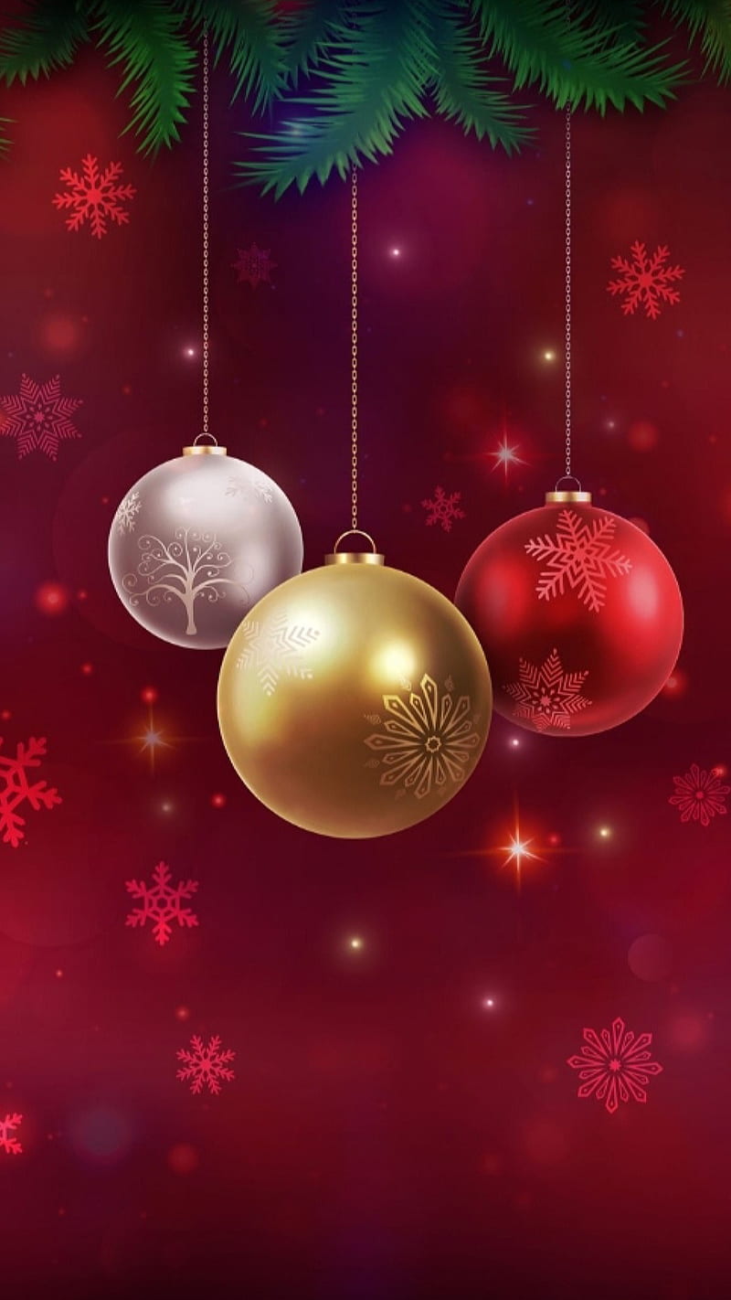 Merry Christmas, balls, decoration, golden, pine tree, red, HD phone ...