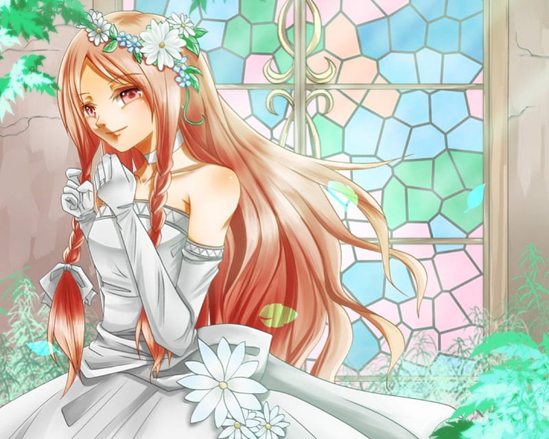 Image of Cute long hair girl in wedding dress