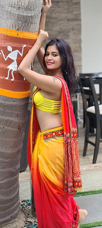 Anushka Back, curves, gajra, girl, indian, model, saree, south, yellow, HD  phone wallpaper