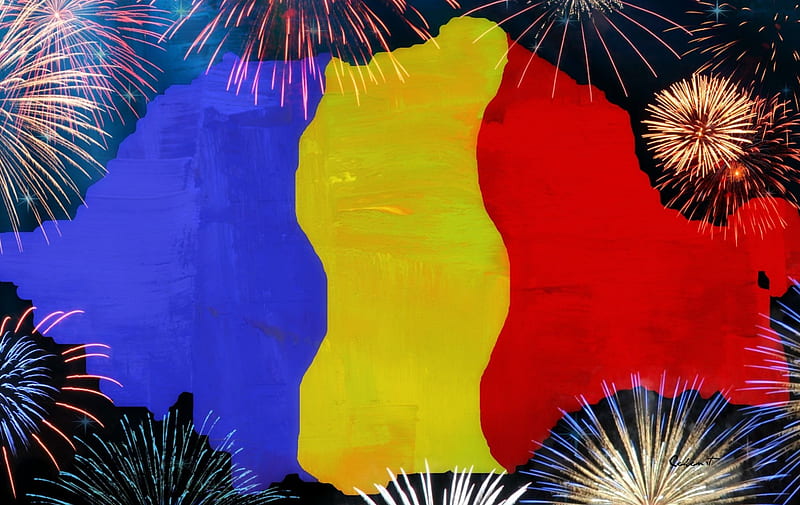 La Multi Ani, Romania!, steag, red, happy birtay, national, yellow, 1 December, 1 Decembrie, Romania, fireworks, blue, ziua nationala, by cehenot, flag, harta, day, map, HD wallpaper