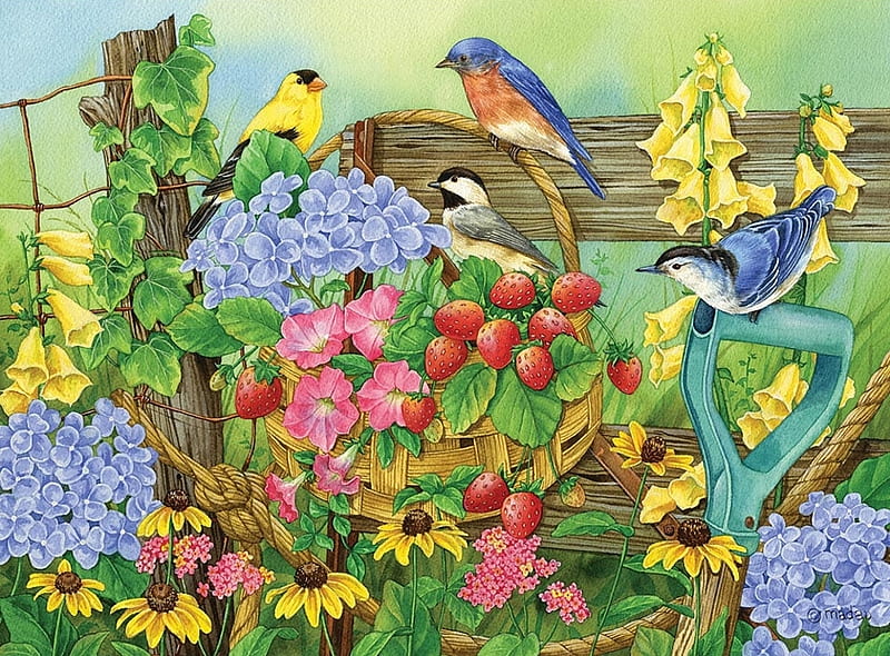Summer Birds, chickadee, painting, flowers, blossoms, goldfinch, artwork, bluebird, HD wallpaper