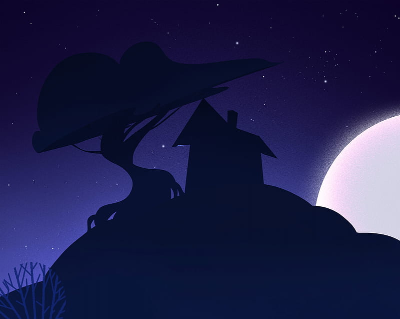 Moonlight, fantasy, house, moon, tree, moon, ahmet iltas, silhouette, blue, HD wallpaper