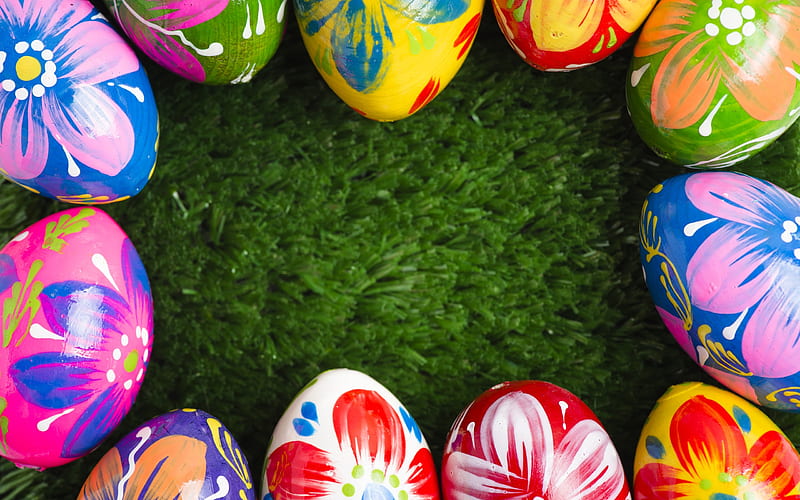 painted easter eggs, green grass, Easter, decorated eggs, easter frame, spring, HD wallpaper
