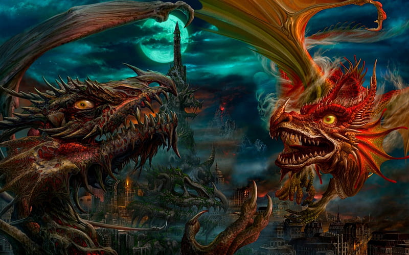 Dragon Fight, fight, fantasy, two, dragons, HD wallpaper