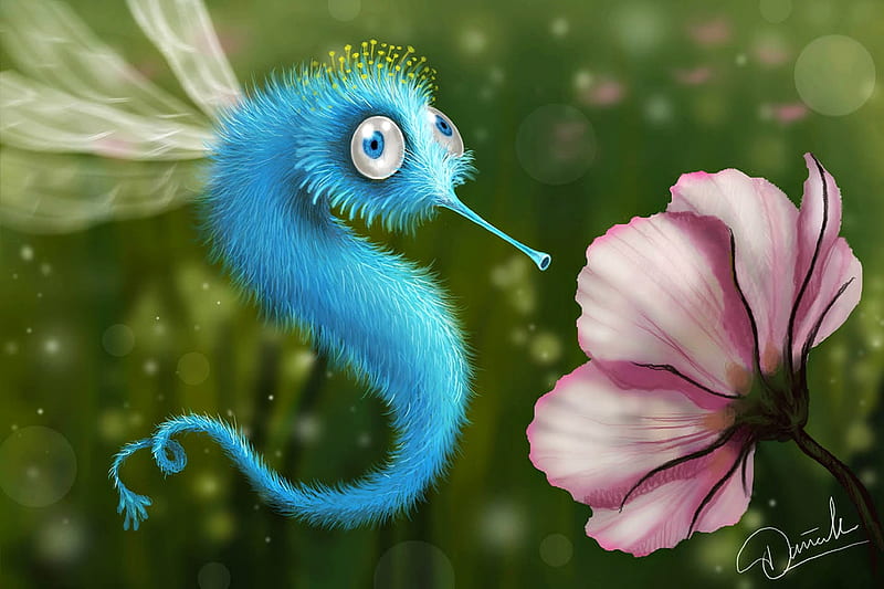 Humming-bird seahorse guy, art, luminos, humming-bird, fantasy, green, seahorse, daniellefw, flower, colibri, pink, blue, HD wallpaper
