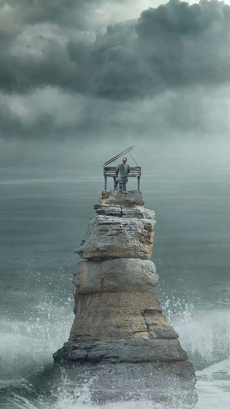 The piano player, cloudy, high, faraway, music, ocean, rocks, playing piano, HD phone wallpaper