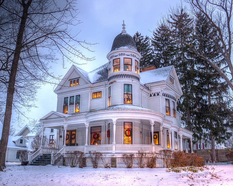 Victorian Christmas House, windows, snow, nature, trees, winter, HD wallpaper