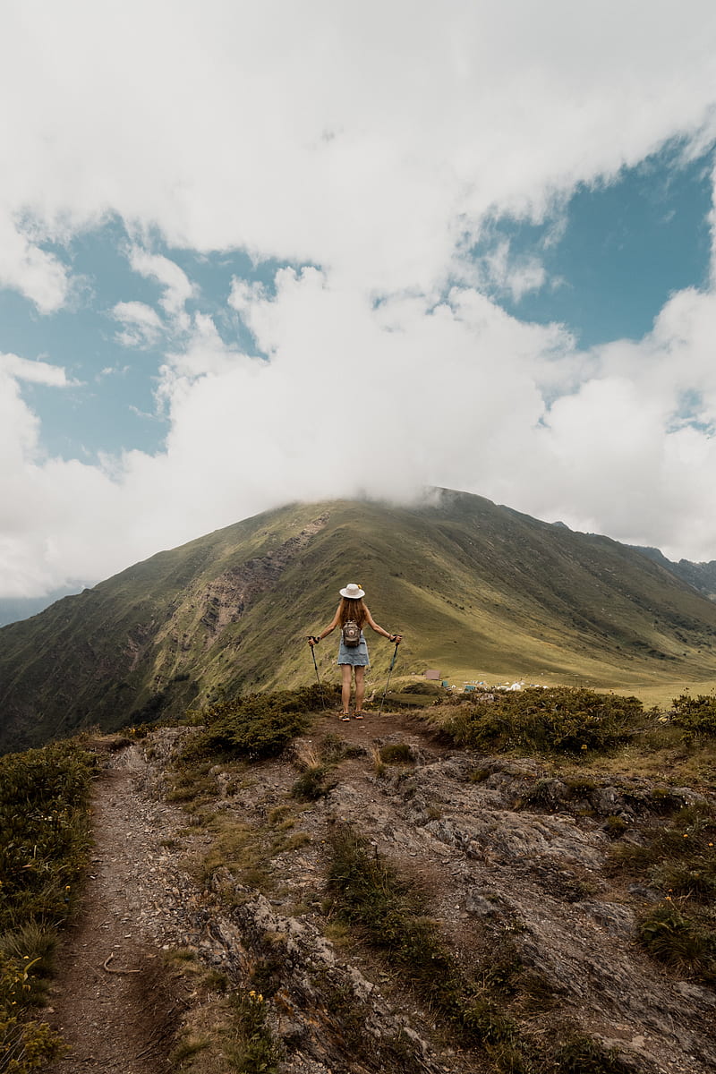 girl, tourist, traveler, mountains, clouds, HD phone wallpaper