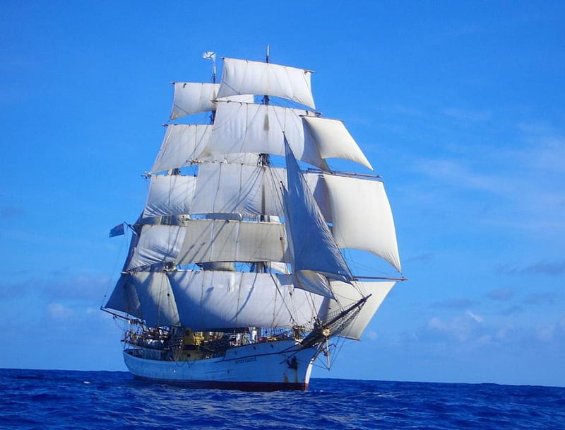 Tall Sailboat, ocean, sailing, shadow, sails, sky, tall, boats, boat, water, big, nature, white, sailboat, blue, HD wallpaper