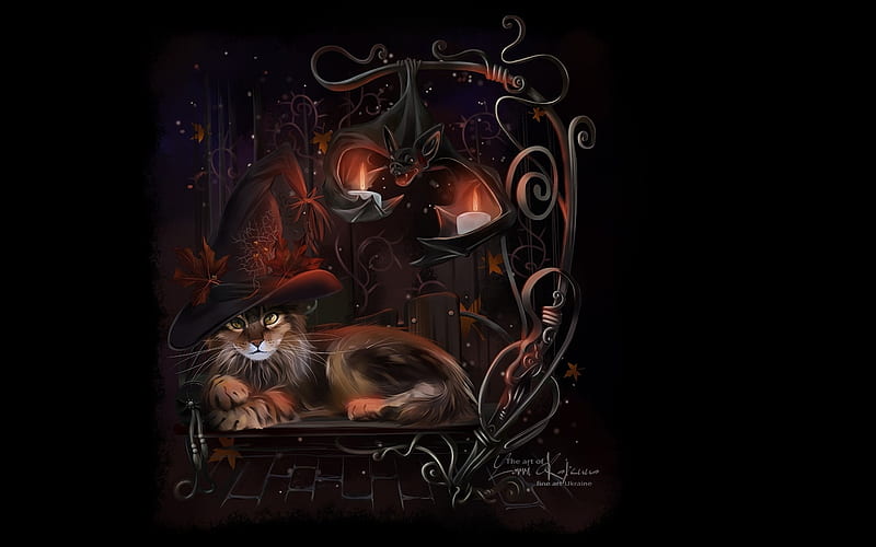 Good night!, red, witch, lorri kajenna, fantasy, halloween, black, cat, pisici, dark, HD wallpaper