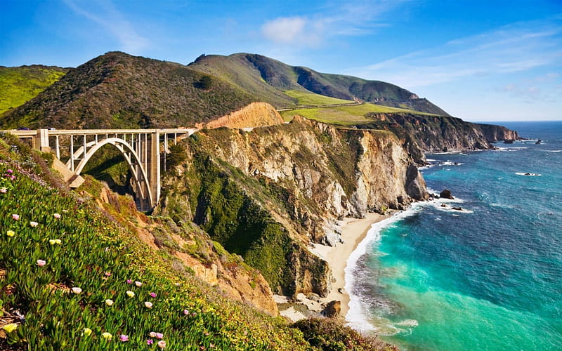 California Highway, Highway, ocean, travel, cruising, water, California, bridge, land, road, HD wallpaper