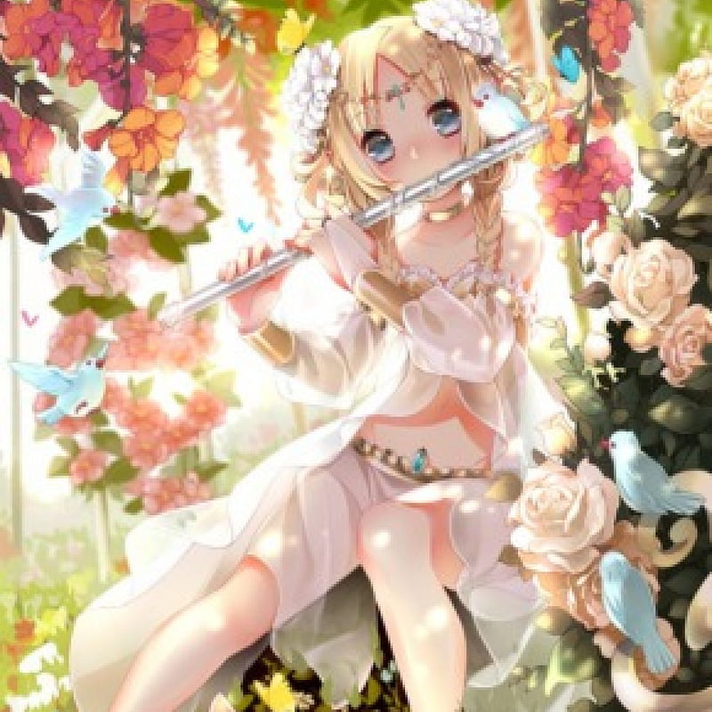 Muse, pretty, adorable, sweet, floral, nice, instrument, anime, beauty, anime girl, yellow rose, long hair, lovely, twintail, gown, blonde, braids, cute, dress, blond, rose, bonito, sublime, twin tail, blossom, female, music, blonde hair, blouse, twintails, twin tails, blond hair, kawaii, girl, bird, flower, flute, petals, sundress, angelic, HD wallpaper