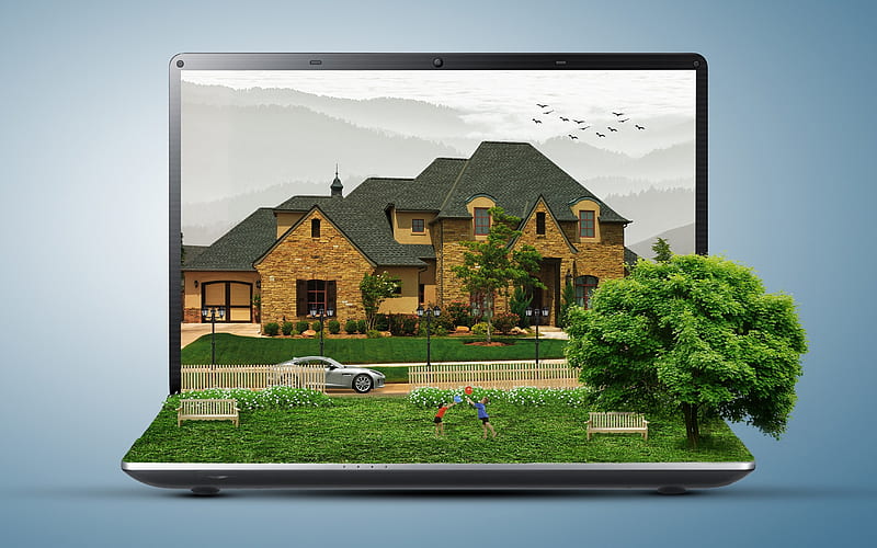 laptop, house, lawn, children, tree, birds, HD wallpaper