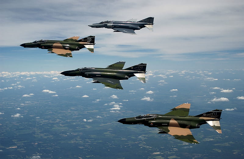 Four F-4 Phantoms, f4, military, aircraft, jets, HD wallpaper