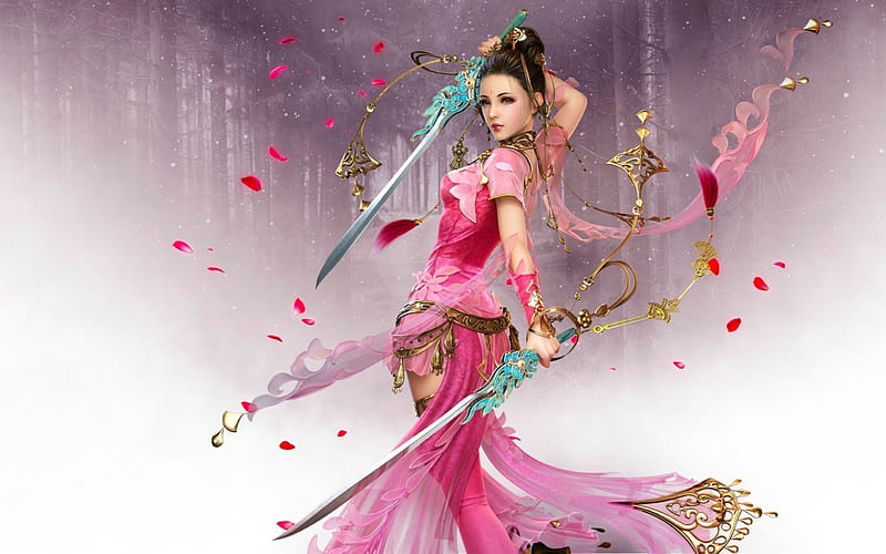 Samurai Girl, pretty, art, female, bonito, woman, fantasy, warrior, girl, samurai, digital, pink, HD wallpaper