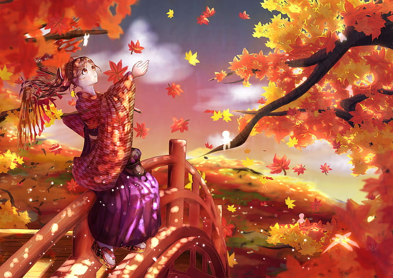 Niña, kimono, hojas de arce, otoño, anime, Fondo de pantalla HD | Peakpx