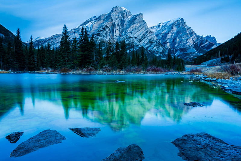 Blue Light Dawn, mountain, dawn, nature, lake, blue, light, HD wallpaper