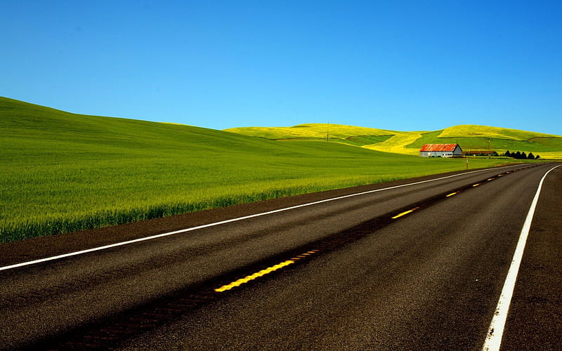 highway by greenfield, highway, blacktop, grass, fields, hill, HD wallpaper