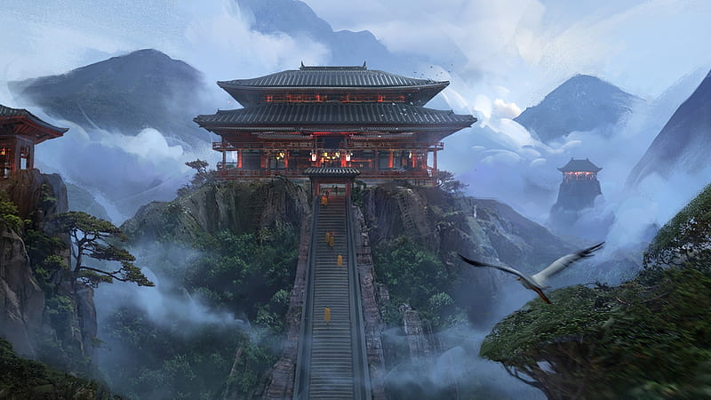 Japanese temple, luminos, bird, crane, pasari, art, alex ichim, cloud, monk, fantasy, blue, HD wallpaper