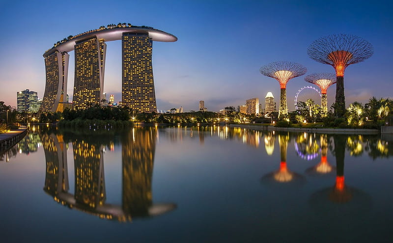 singapore, building, river, reflection, HD wallpaper