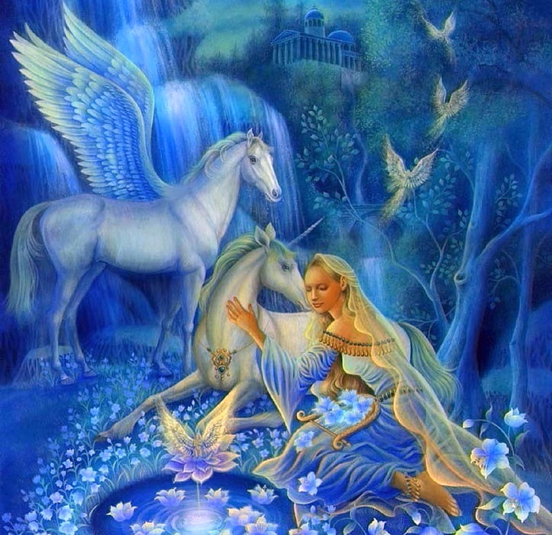 ~Garden of Fantasy~, blue dreams, unicorn, love four seasons, birds, flying horse, castles, fantasy, paintings, weird things people wear, flowers, traditional art, HD wallpaper