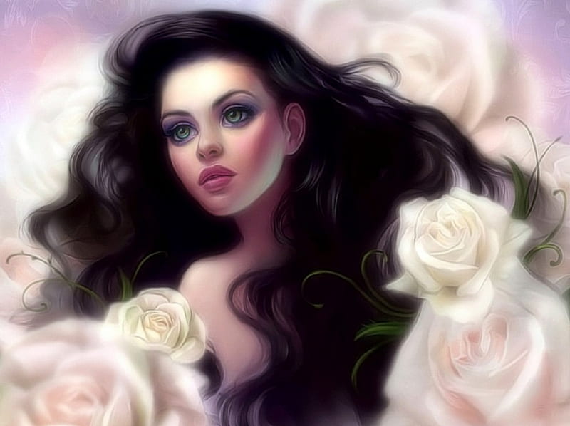 ~White Rose Princess~, artistic, pretty, bonito, digital art, woman, seasons, hair, paintings, beautiful girls, people, flowers, face, girls, drawings, models female, white roses, portraits, love four seasons, creative pre-made, spring, lips, weird things people wear, tender touch, lady, eyes, princess, HD wallpaper
